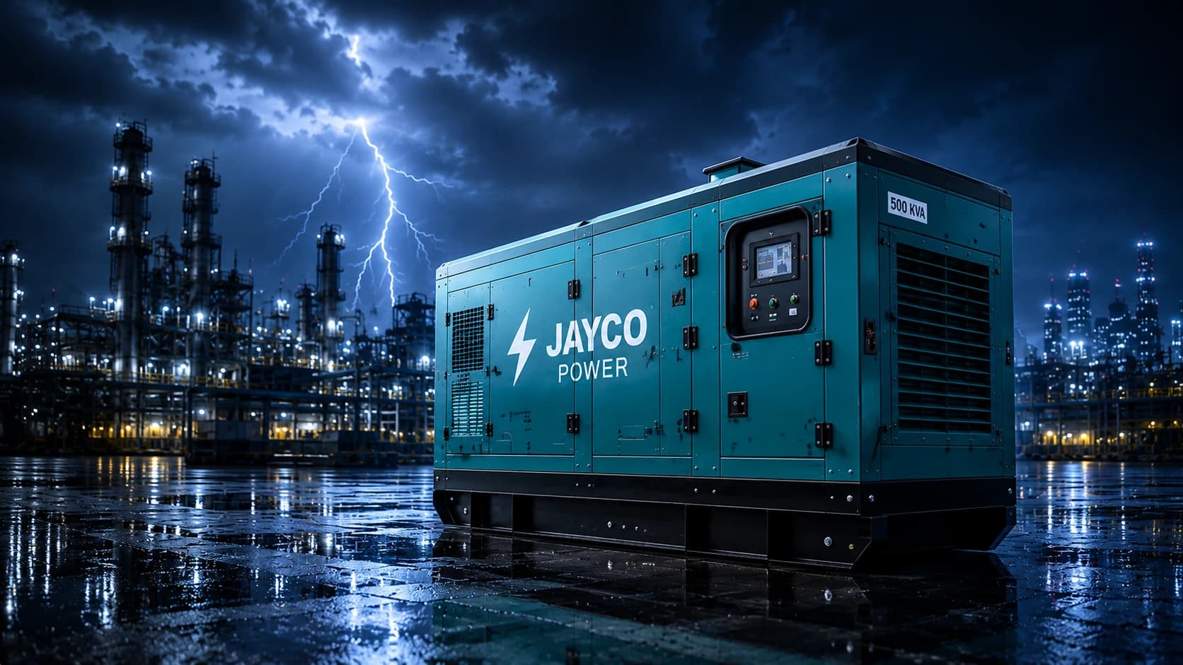 JAYCO POWER silent diesel generator on rent at an industrial facility with lightning — 24/7 power backup